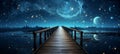 Twinkling stars and full moon illuminate serene lakeside scene with wooden dock at dusk