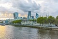 Twinlight cityscape of City of London and Thames River, England