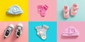 Baby boy and girl shoes and socks collage, pastel colored background Royalty Free Stock Photo