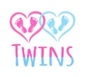 Twins Baby Footprints in hearts frames vector silhouette Royalty Free Stock Photo