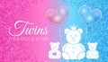 Twins Baby Shower Invitation Design. Blue and Pink It`s a Girl and a Boy Vector Illustration with Bears and Heart Balloons Royalty Free Stock Photo