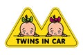 Twins in car sticker. Fases of baby girls and logo