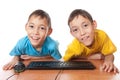 Twins with computer mouse and keyboard Royalty Free Stock Photo