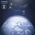 Twins constellation with stars and planet earth in 3d with light and atmosphere. Royalty Free Stock Photo