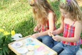 Twins decorating cookies outside Royalty Free Stock Photo