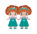 twins of a girl hold hands, two sisters are little cute girls