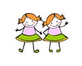 Twins Girls. Sisters. Flat people in the children`s style