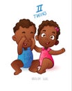 Twins horoscope sign. Two cartoon african american babies boy and girl playing each other Royalty Free Stock Photo