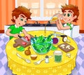 Twins are preparing a green salad.