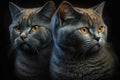 Twins Siblings British Shorthair Cats Black Background. Generative AI