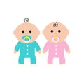 Twins Two cute twin babies on white background. Baby girl and a baby boy. Funny character set. Isolated. Flat design