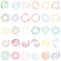 Twirl, spiral, swirl circle set of 30. Random radial, radiating circular lines. Volutes, helix set illustration. Concentric rings