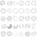 Twirl, spiral, swirl circle set of 30. Random radial, radiating circular lines. Volutes, helix set illustration. Concentric  rings Royalty Free Stock Photo