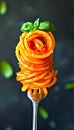 Twirled Spaghetti on Fork with Tomato Sauce and Fresh Basil Royalty Free Stock Photo