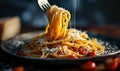 Twirling Spaghetti on a Fork Over a Rustic Plate, Fine Dining Italian Pasta with Sprinkling Parmesan Cheese, Dark Moody Food Royalty Free Stock Photo