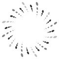 Twist, spiral shape with circles. Rotating dotted element. Abstract grayscale, black and white (monochrome) circular graphics