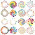 Twist, whirlwind, whirlpool elements. Vortex, volute element set. Circular concentric lines with rotation distortion