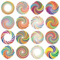 Twist, whirlwind, whirlpool elements. Vortex, volute element set. Circular concentric lines with rotation distortion