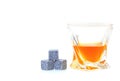 Cooling whiskey stones with twist whiskey glass against white background