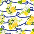 Twisted blue marine rope and yellow spring bouquets of flowers