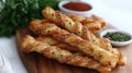 Twisted breadsticks, herbs, spices, wooden board, kitchen Royalty Free Stock Photo