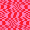 Twisted and distorted vector groovy hippie hot pink red background. Waves, checkered net pattern. Background in trendy