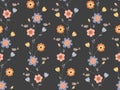 Twisted fairy flowers seamless floral pattern in Scandinavian style. Hand drawn pink, blue, and red flowers on dark Royalty Free Stock Photo