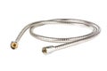 Twisted flexible stainless steel water hose with connectors on a white background