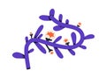 Twisted flower branch with blossomed buds. Abstract whimsical fantastic floral plant with leaf. Fairy exotic stylized