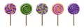 , twisted hard sugar candies on wooden stick. Vector cartoon set of caramel suckers with swirly patterns Royalty Free Stock Photo