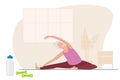 Twisted Head-to-Knee Pose. Senior woman doing yoga in home interior. Woman in sportswear doing floor exercises. Woman