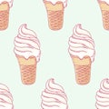 Twisted ice cream in a waffle cone. Seamless pattern. Vector illustration on grren background Royalty Free Stock Photo