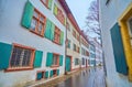 Twisted narrow Martinsgasse street with traditional residential houses in Basel, Switzerland