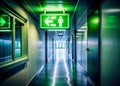 A Twisted Neon Exit Exploring the Surreal and Unexpected in a Melted Office Hallway Royalty Free Stock Photo