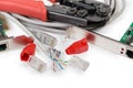 Twisted pair cable and connectors against network components, crimping tool Royalty Free Stock Photo