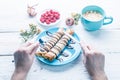 Twisted pancakes with raspberry dish