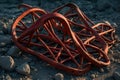 twisted red metal framework lying on rocky ground in evening sunlight, highlighting industrial decay, texture, and structural Royalty Free Stock Photo