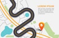 Twisted Road on a background map of the city top view. Vector illustration with orange pin, navigation. Can used for web