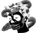 black silhouette of twisted snake isolated on head woman vector illustration