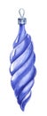 Twisted in a spiral Christmas toy icicle. Blue Christmas toy. Christmas decoration on the tree. Hand drawn watercolor illustration Royalty Free Stock Photo