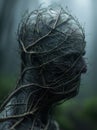Twisted and tangled branches in a dark, moody forest