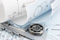technical drawing and callipers Royalty Free Stock Photo