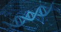 Twisting central 3D DNA double helix glowing across virtual laboratory display, with overlaid code Royalty Free Stock Photo