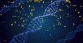 Twisting and floating central blue DNA helix within dark blue field, with gold rectangular confetti Royalty Free Stock Photo