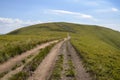 Twisting mountain hiking trail turns uphill through green hills at Borzhava ridge. Carpathian Mountains, Ukraine