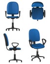 A twisting office chair on wheels, with a blue upholstery seat and backrest