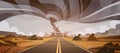 Twisting Tornado Over High Road Hurricane Landscape Of Storm In Field