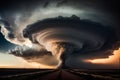 Twisting tornado over road destroying civil building. Hurricane storm in countryside landscape. Natural Disaster