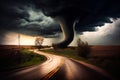 Twisting tornado over road destroying civil building. Hurricane storm in countryside landscape. Natural Disaster