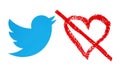 Twitter bird with hand drawn red heart with oil pastel pencil